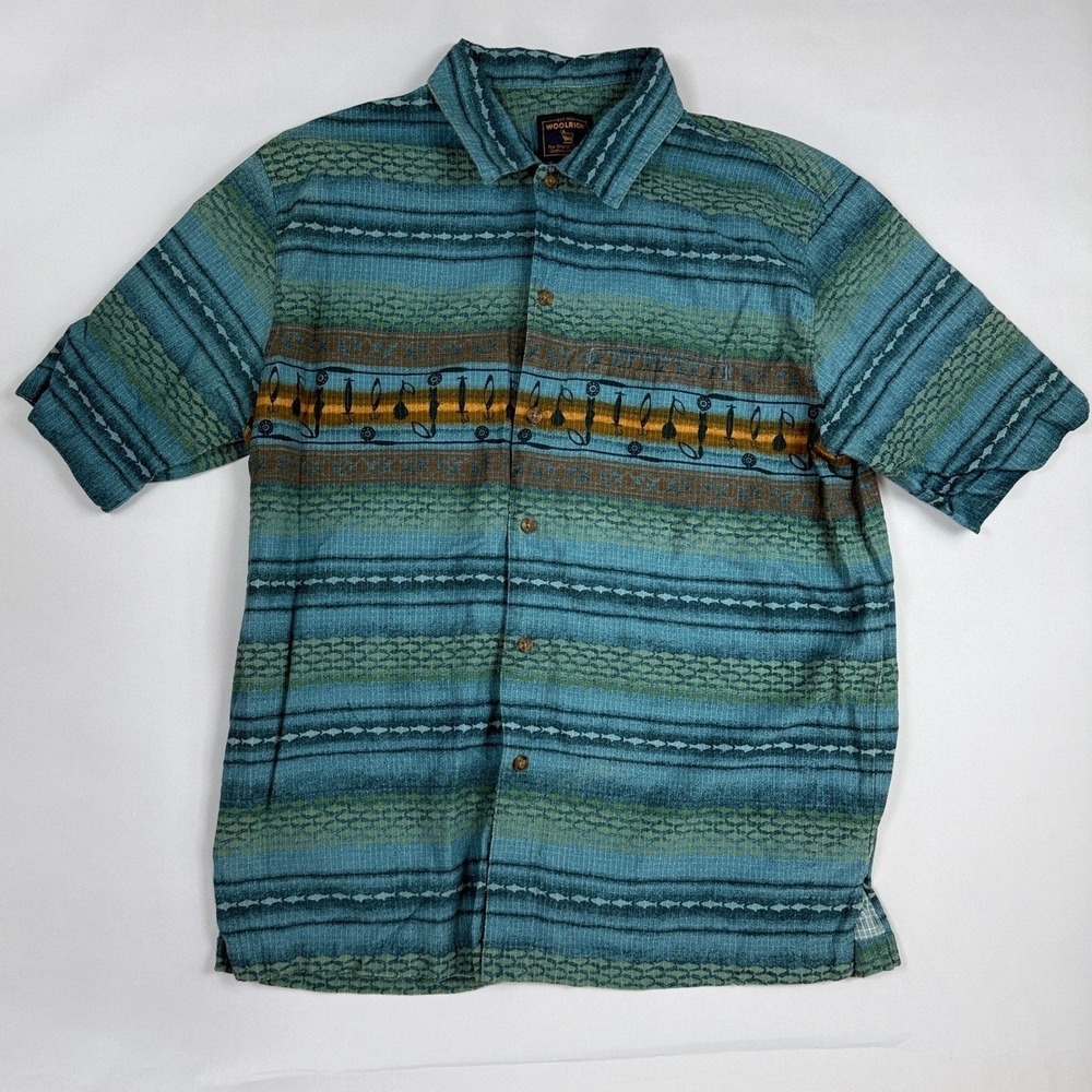 Vintage Woolrich Mens L Fishing Lure Print Shirt Blue Green Striped Button Up